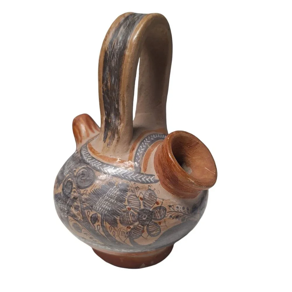 Tonala Pottery Double Spout Water Jug Rabbit Floral Agave Design Mexico Folk Art